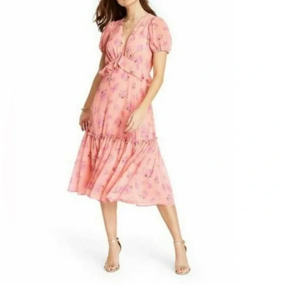 LoveShackFancy Pink Floral Puff Sleeve Chiffon Tiered Ruffle Midi Dress Size 6 - Picture 1 of 9